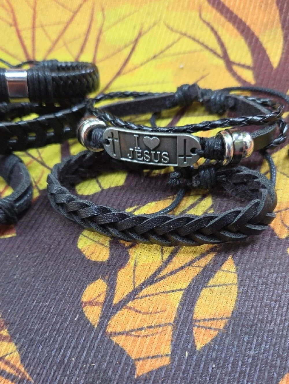 Black Leather Braided Men's Bracelet with 'I Love Jesus' Plaque